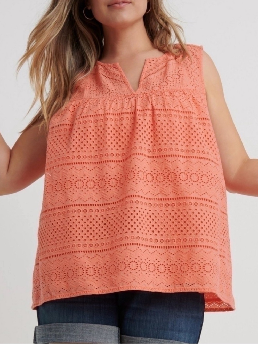 Lucky Brand Coral Eyelet Embroidered Lace Sleeveless Tank Top Boho
